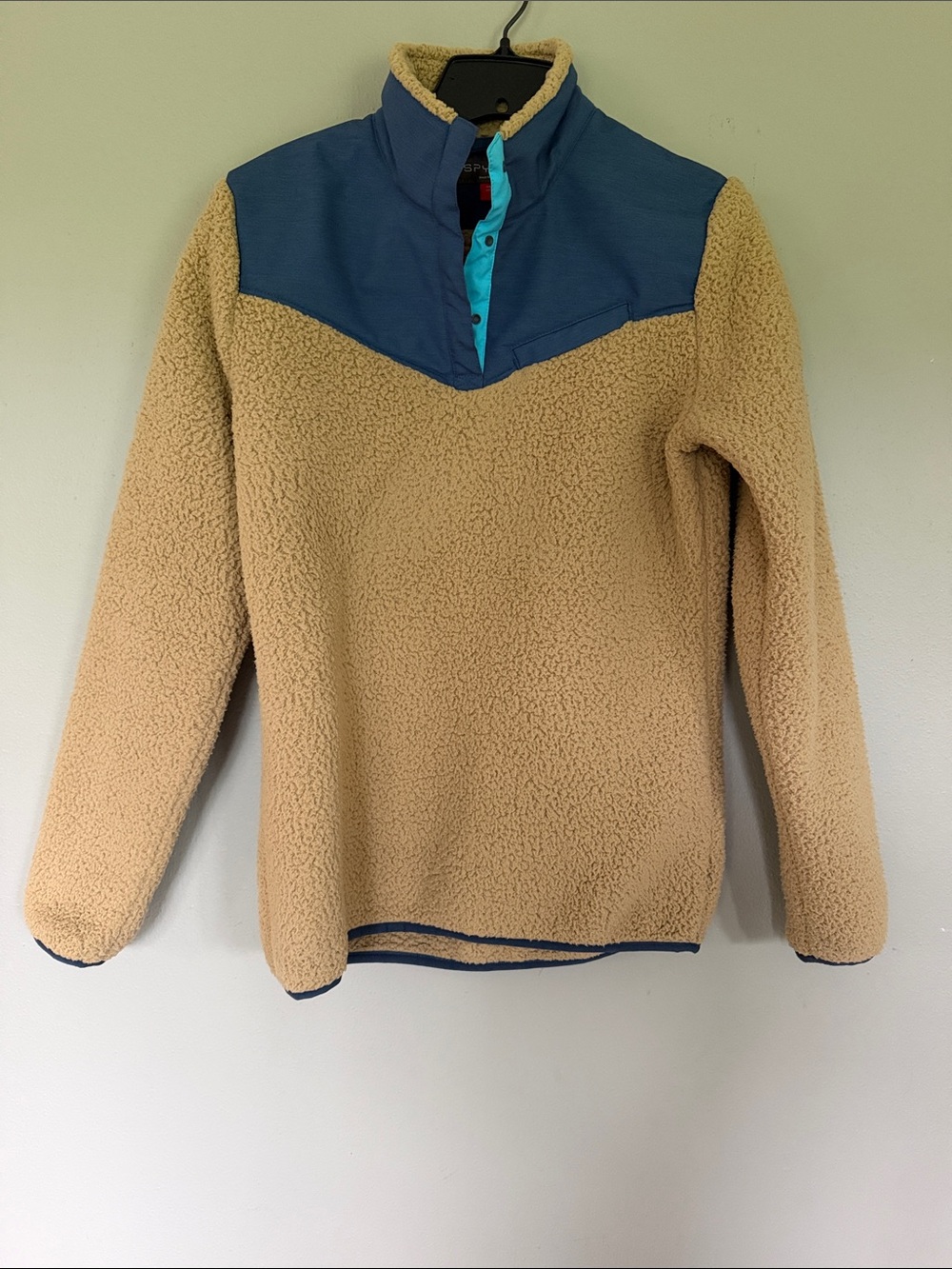 Adult Sherpa Zip Pullover with Blue Yoke and tan fleece